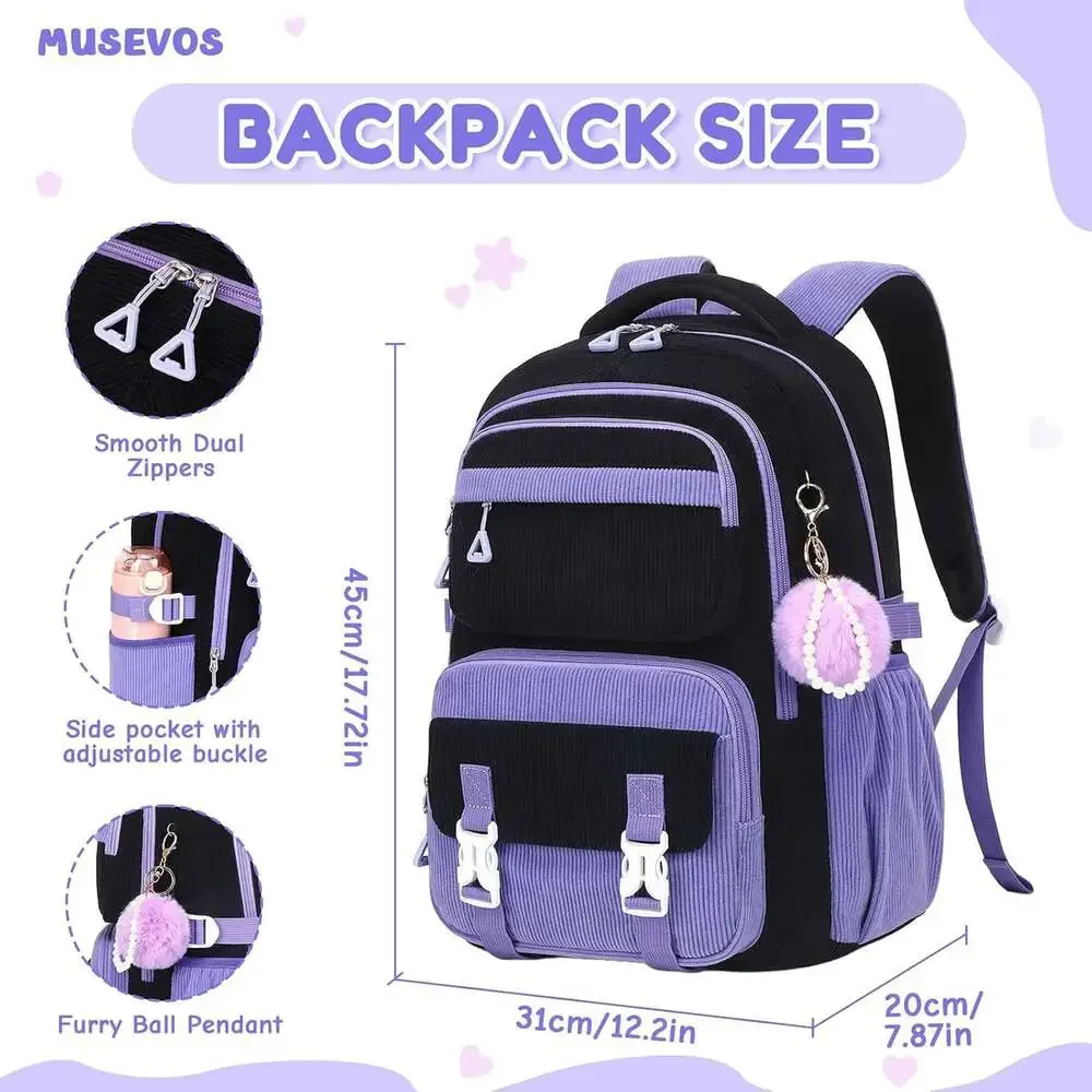 Kids Backpack Corduroy School Bag for Girls Bookbag Laptop Travel Daypack Purple